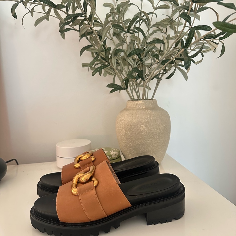 Aersoles Brown Slide Sandals with Gold Accent - Picture 3 of 5